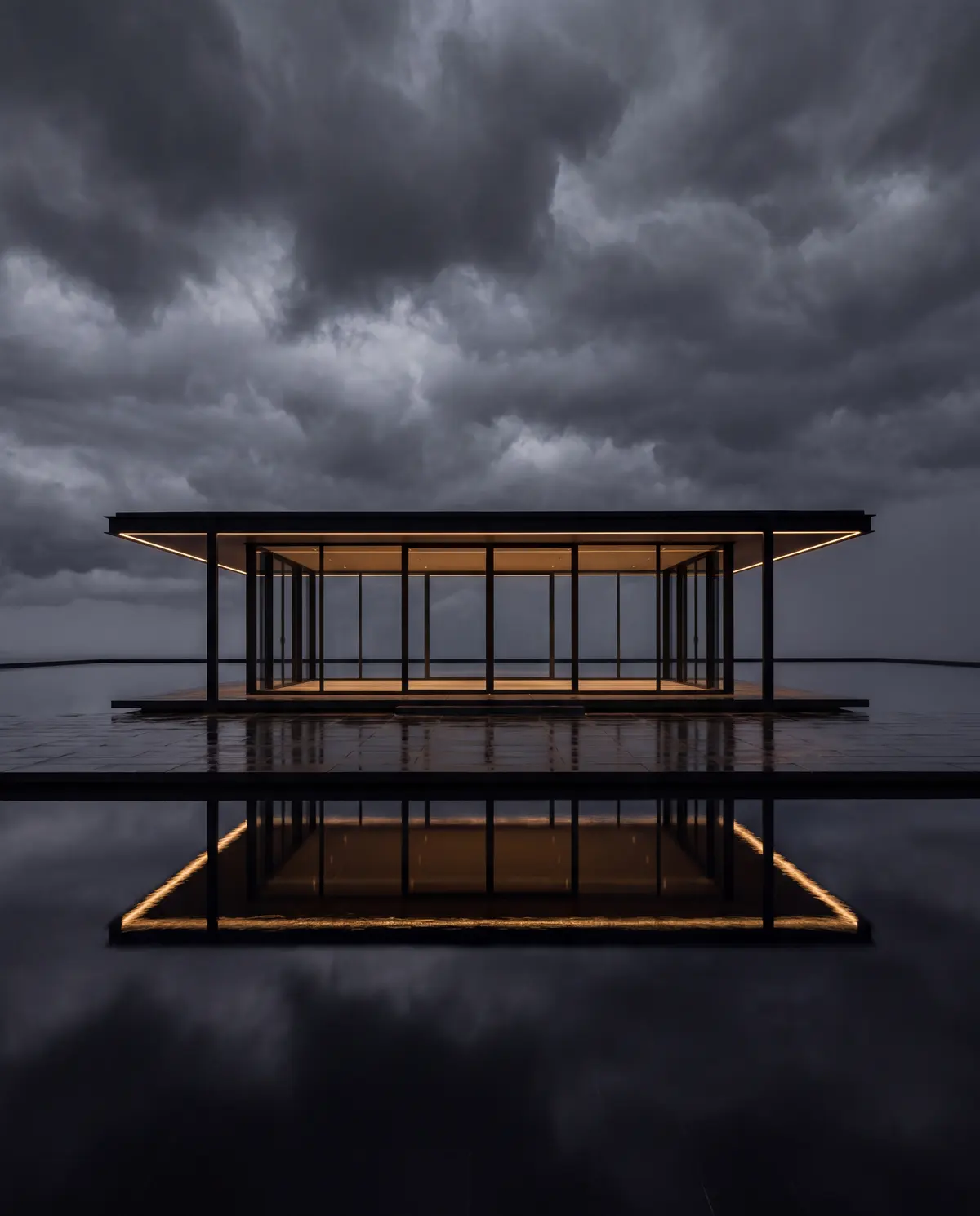 Illustration: a low black glass pavilion glowing with warm light beside still water at dusk